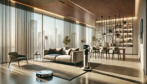 Robot doméstico inteligente junto a robot aspirador en salón moderno con vistas a la ciudad